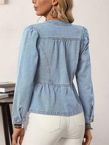 EMERY ROSE Women's Solid Color Ruffle Hem Front Button Long Sleeve Denim Jacket