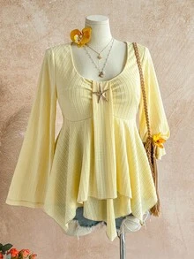 Soleia Plus Size Women's Vacation Yellow Flared Long Sleeve Layered Hem T-Shirt - Yellow - View 5