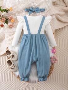 SHEIN Newborn Baby Girl Cute Casual 2 In 1 Colorblock Bow Embroidered Jumpsuit With Headband Fall Winter - Multicolor - View 2