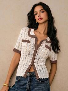 Poéselle Áo thun tay ngắn cổ polo màu tương phản dành cho nữ vào mùa thu/đông - Lạc đà - Xem 4