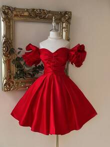 Lovelzi Váy chữ A rộng tay cánh hoa hở vai màu đỏ rượu vang thanh lịch & quý phái, thích hợp cho đám cưới, tiệc tùng, kỳ nghỉ, lễ tốt nghiệp, vũ hội trang trọng, váy dự tiệc cưới, váy dự tiệc cocktail - Màu Đỏ Sâu - Xem 1