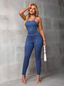 SHEIN PETITE Women's Fashionable Backless Tie-Up Skinny Denim Jumpsuit, Summer - Blue - View 2