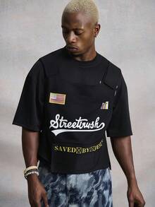 PAVTROS 男士黑色街头字母图案背心，拼接旗帜和纵横字谜印花，秋冬时尚叠穿外套，INS街头潮流，万圣节服装，男士服装，男士冬季外套，中性风，说唱歌手服装，男朋友礼物 - 黑色 - 查看 6