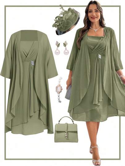 Ellevyn Plus Size Women's Solid Color 3/4 Sleeve Open Front Jacket And Rhinestone Decor Pleated Thick Strap Dress Elegant Set