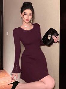 DAZY Women's Solid Color Round Neck Raglan Sleeve Fashionable Fitted Ruffle Hem Knit Sweater Dress Prom Dress - Red Violet - View 6