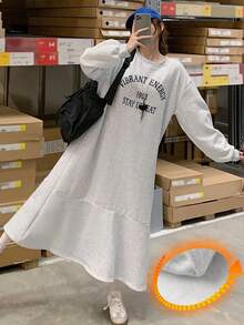 Livesso Casual Loose Long Sleeve Round Neck Women Long Dress - Grey - View 2