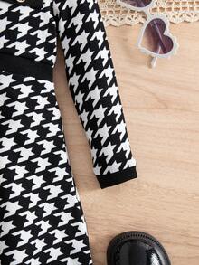 SHEIN Babygirl Elegant Houndstooth Pattern Long Sleeve Dress Fall Winter - Black and White - View 6