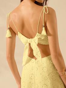 CAJUNI 女式波西米亚白色镂空面料，镂空腰后绑带无袖白色连衣裙，节日休闲夏装 - 黃色 - 查看 6