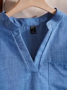 Rusticease 大码女式纯色V领卷袖衬衫，女式西装 - 藍色 - 查看 4