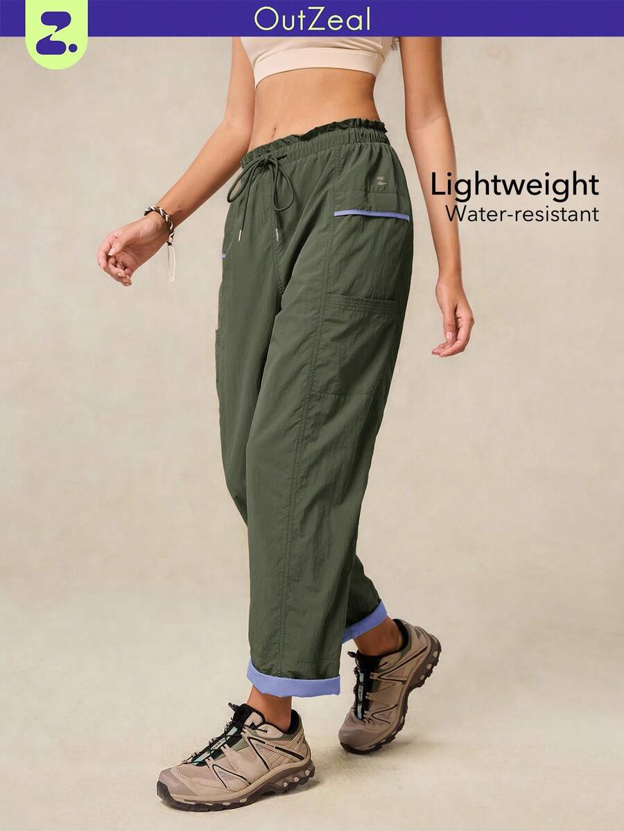 OutZeal 女士运动裤，适合露营、徒步等夏季活动，防水轻便，撞色设计，带侧袋 - 軍綠色 - 查看 1
