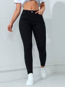 SHEIN PETITE Women's Casual Solid Color Pocket Skinny Jeans - Black - View 7