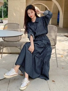 DAZY Women's Short Lapel Cardigan And Long Denim Skirt Casual 2 Pieces Set Fall/Winter