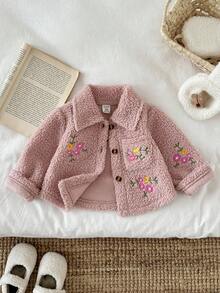 SHEIN Baby Girl Thick Fleece Embroidered Flower Collar Long Sleeve Jacket, Autumn/Winter Fall
