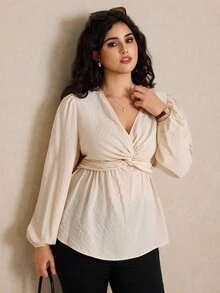 Elaquor Blusa Sólida com Decote em V e Cintura Torcida em Linha A para Mulheres Plus Size, Básica Minimalista, Todas as Estações - Damasco - Visão 5