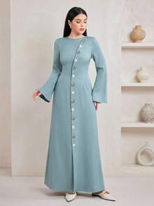 Veilorie Women's Simple Solid Color Long Sleeve Arabic Dress For Daily Wear - Green - View 4