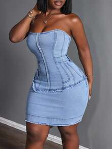 Slaydiva Đầm hở lưng denim cỡ lớn - Màu xanh lam - Xem 4