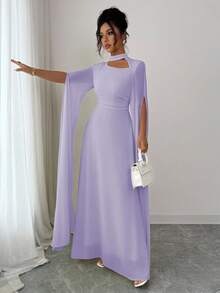 Elenzga 女士优雅法式浪漫度假风沙滩裙，雪纺透明面料，镂空领口，后背交叉系带，喇叭长裙，长袖，开衩袖口，适合下午茶、派对、中东风格、春夏季 - 紫丁香色 - 查看 5