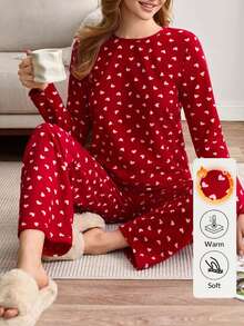 EURMUSE Women 2 Pcs Fuzzy With Striped Heart Pattern Long Sleeve Shirt&Pants Homewear Comfort Set - Red - View 1