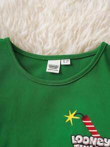 LOONEY TUNES X SHEIN Young Boy Christmas Cartoon Graphic Round Neck Short Sleeve T-Shirt - Green - View 6