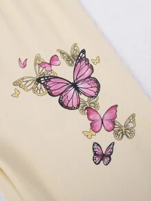 Sparklyn 青少年休闲百搭通勤日常运动蝴蝶图案黑色圆领短袖T恤+打底裤套装 - 杏色 - 查看 6