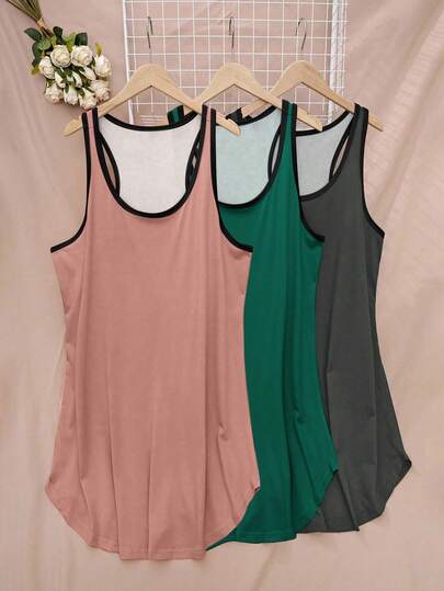 Plus Size Summer Casual Contrast Trim Sleeveless Nightgown Women Tank Tops Sleeveless Shirts For Women Women Tank Top Women Tops Tank Tops For Women