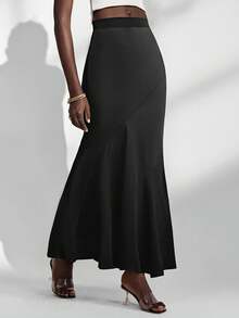 SHEIN Unity Almamuse-D 优雅法式鱼尾裙，开叉镂空设计，修身时尚女裙，春秋 - 黑色 - 查看 1