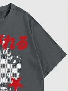 ROMWE MEN Anime 男式简约图案印花圆领短袖T恤 - 灰色 - 查看 5