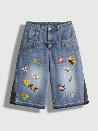 Street Life Herren Buchstaben bestickte Doppellagige Taillenbund Loose Lässig Denim Shorts