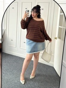 CovetEZ Plus Size Casual Striped Raglan Long Sleeve Plus Size Sweater, Autumn/Winter Fall - Brown - View 6