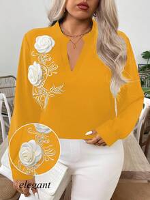 EMERY ROSE Plus Size Black Embroidered 3D Floral Rhinestone Decor Elegant Blouse For Women - Yellow - View 7