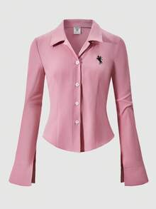 青少年女孩花卉印花修身纽扣长袖休闲衬衫，读书周服装青少年女孩长袖上衣 - 粉色 - 查看 6