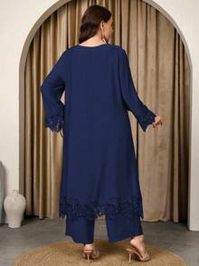 Graceveil 女士圆领长袖长上衣和直筒裤蕾丝拼接宽松休闲高端舒适大码套装 - 藏蓝色 - 查看 2