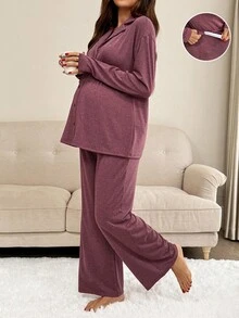 Slowluna 2 件孕妇纯色休闲长袖上衣和裤子套装高弹力睡衣勃艮第家居服女士睡衣女士孕妇套装 2 件套休闲套装女士紫色暮光 - 彩色 - 查看 7