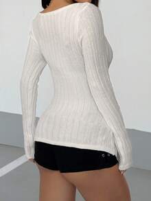 StreetHx 街头服饰女款露肩罗纹修身长袖毛衣，秋冬 - 白色 - 查看 5