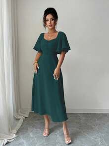 Modelyn 女式纯色奶油黄色雪纺荷叶边袖设计夏季法式度假连衣裙 - 墨綠色 - 查看 6