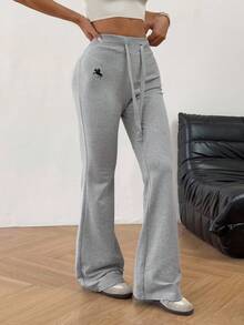 Solflare 大码女式骑士印花抽绳腰喇叭休闲裤 - 灰色 - 查看 4