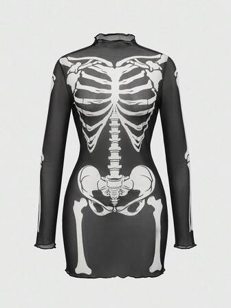 Goth Halloween Gothic Skeleton Flocked Sexy Sheer Mini Dress For Women