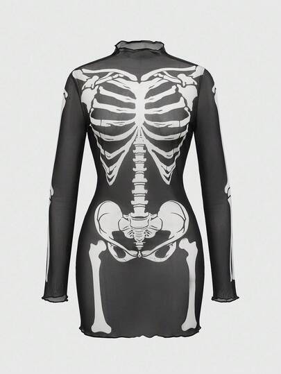 Halloween Gothic Skeleton Flocked Sexy Sheer Mini Dress For Women