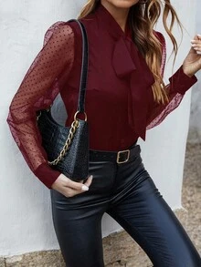 EMERY ROSE 对比色波尔卡圆点网眼系带衬衫女式衬衫 - 酒紅色 - 查看 4