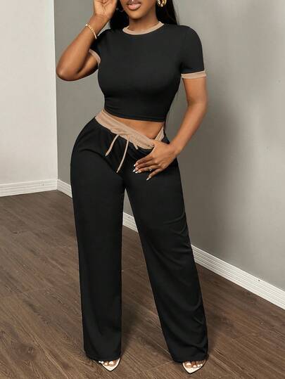 SHEIN SXY 2pcs Sexy Contrast Color Fitted Short Sleeve Top And Pants Set Two Pieces Set Women Comfy Casual 2 Pieces Set Tall Two Pieces Set Two Piece Set Women Comfy Pants Two Piece Set