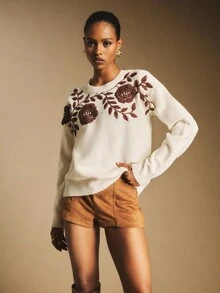 Poéselle Casual Retro Round Neck Long Sleeve Women Sweater In Fall/Winter,Cozy Fall And Winter Clothes For Women - Beige - View 6