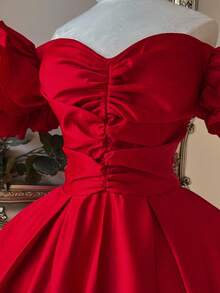 Lovelzi Váy chữ A rộng tay cánh hoa hở vai màu đỏ rượu vang thanh lịch & quý phái, thích hợp cho đám cưới, tiệc tùng, kỳ nghỉ, lễ tốt nghiệp, vũ hội trang trọng, váy dự tiệc cưới, váy dự tiệc cocktail - Màu Đỏ Sâu - Xem 6