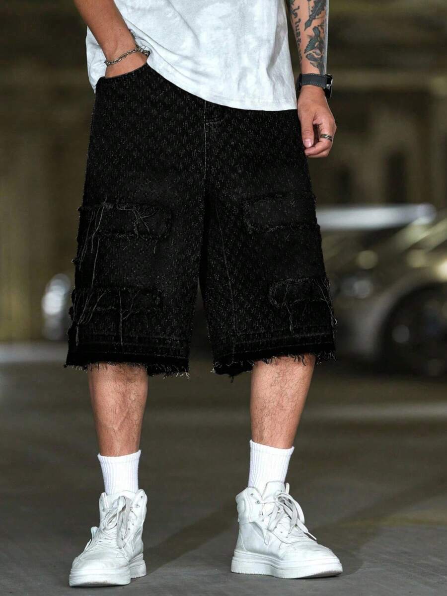 Manfinity LEGND Men's Casual Loose Fit Distressed Denim Wide Leg Shorts - Black - View 1