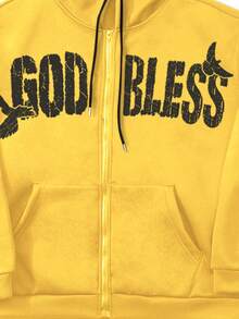 Manfinity Roghcode 男士休闲图案字母印花拉链连帽衫，秋冬 - 黃色 - 查看 6