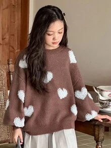 DAZY 秋冬时尚少女心形灯笼袖毛衣 - 棕色 - 查看 3
