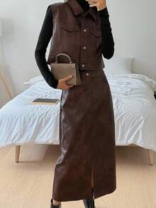 DAZY 女士秋冬PU皮单排扣背心和裙子两件套 - 咖啡棕 - 查看 5