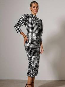 COSMINA Women's Stand Collar 3/4 Sleeve Pleated Houndstooth Elegant Midi Dress, Black And White Dress