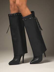 SHUZIA Women's Glamorous Pointy Toe Stiletto Heel Knee High Boots With Rivet Strap Decor - Black - View 5