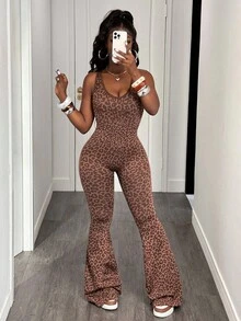 Slaydiva 1 件豹纹扭曲镂空后背深 V 喇叭连体裤 - 咖啡棕 - 查看 2