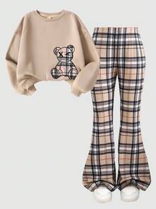 SHEIN Tween Girls' Casual Sports Chic Cute Cartoon Bear Embroidery Loose Drop Shoulder Crew Neck Sweatshirt & Plaid Slim Fit Leggings Set, Khaki Fall Winter - Khaki - View 3
